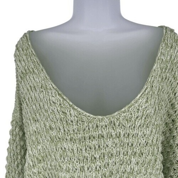Free People Coconut Open Knit V-Neck Chunky Crochet Sweater Kiwi Cream Size L - Picture 4 of 10